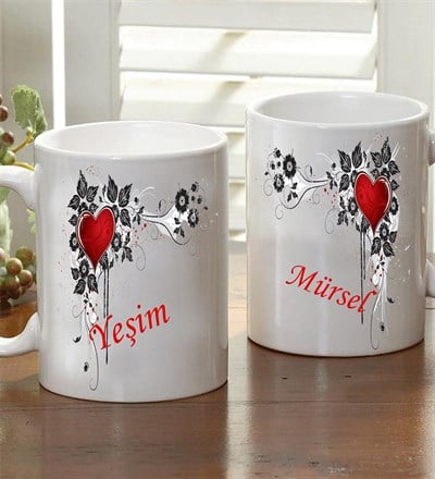 Çiftlere Özel Çiçekli Kalp Kupa Bardak
