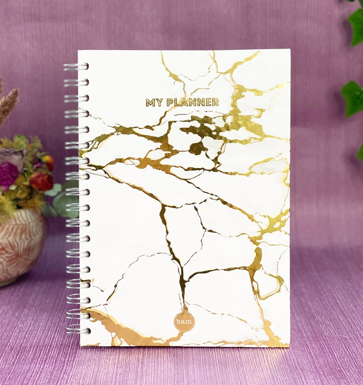 Altın Yaldızlı Beyaz Mermer Tasarımlı Konuşan AjandagiftmodaGmd100121