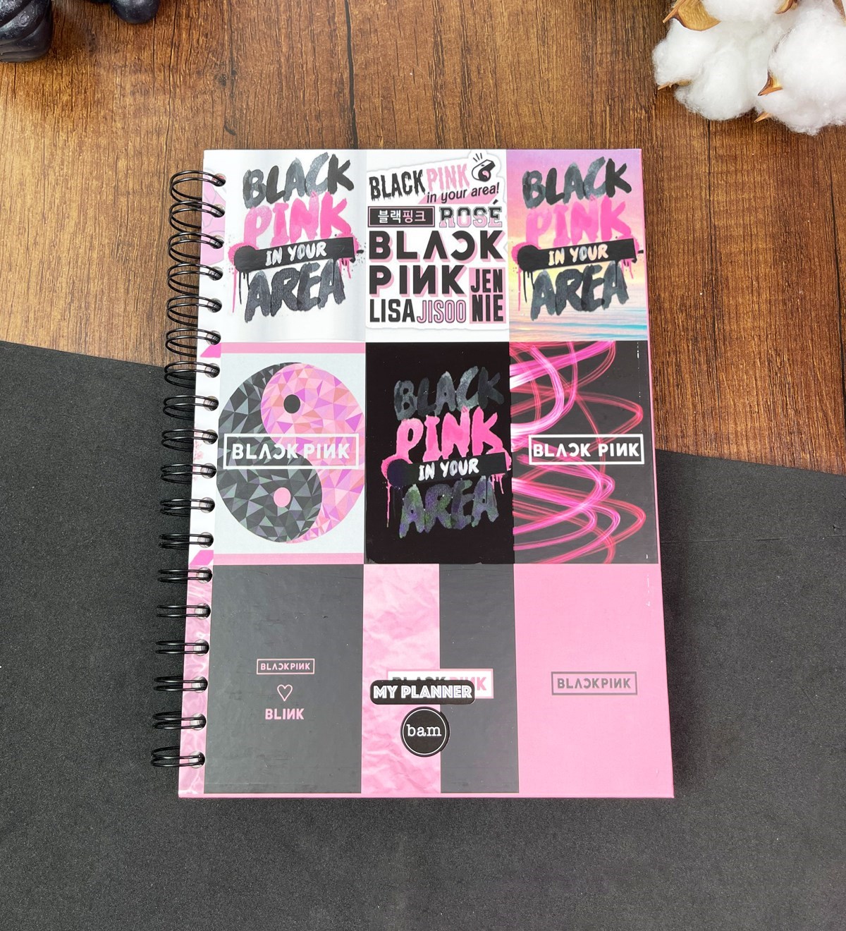 Black Pink Tasarımlı Çizgili Spiralli DeftergiftmodaGmd100535