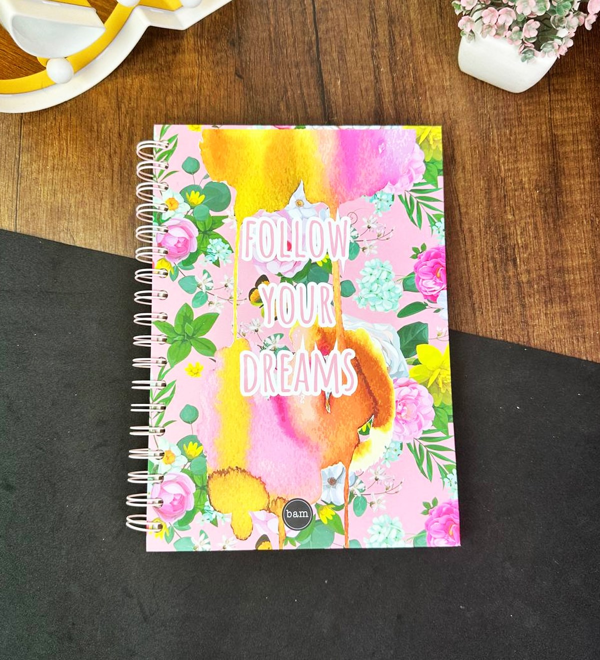 Renkli Follow Your Dreams Tasarımlı Çizgili Spiralli DeftergiftmodaGmd100638