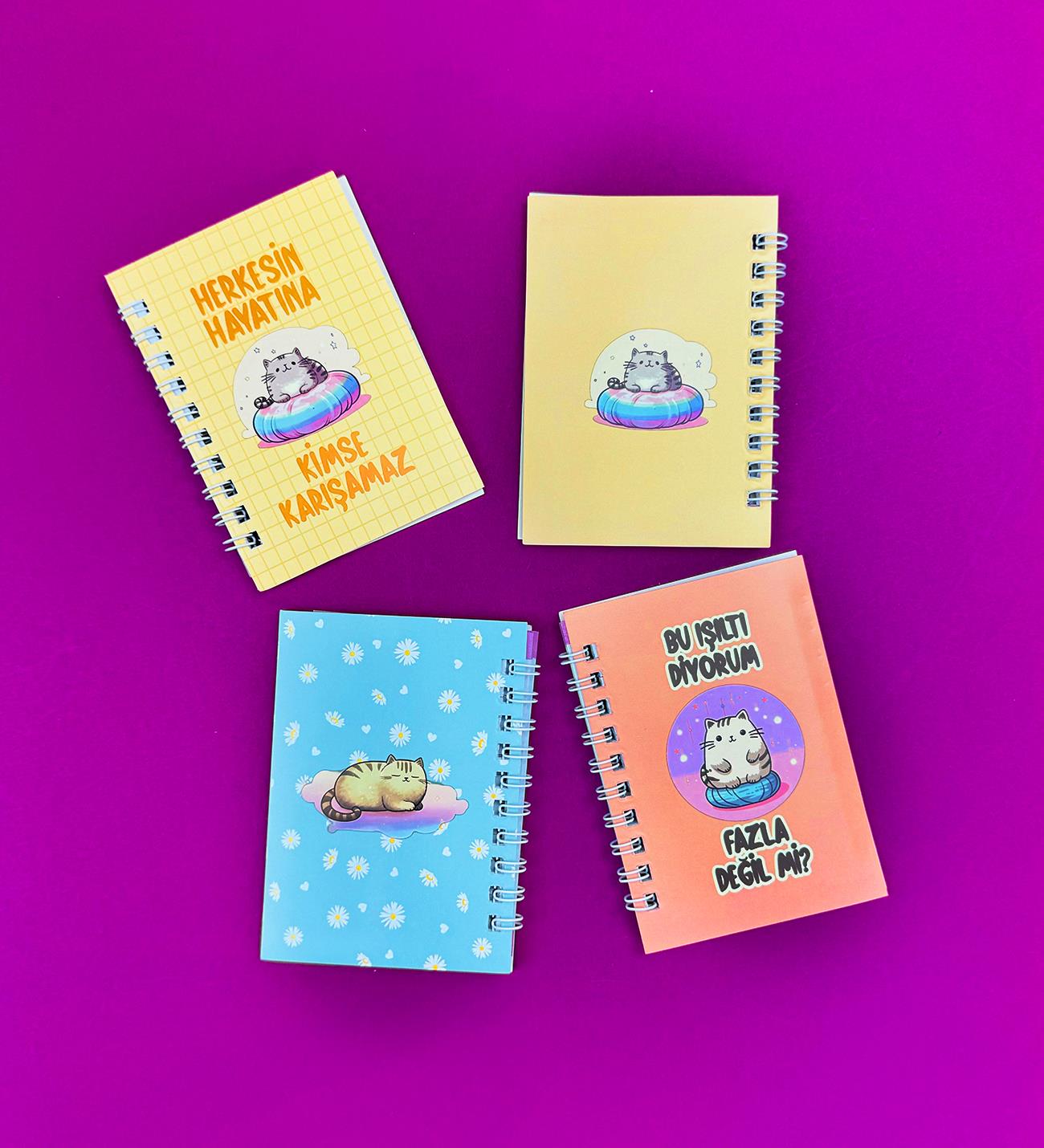 Mini 4'lü Kedi Mottolu Spiralli DeftergiftmodaBM-1249