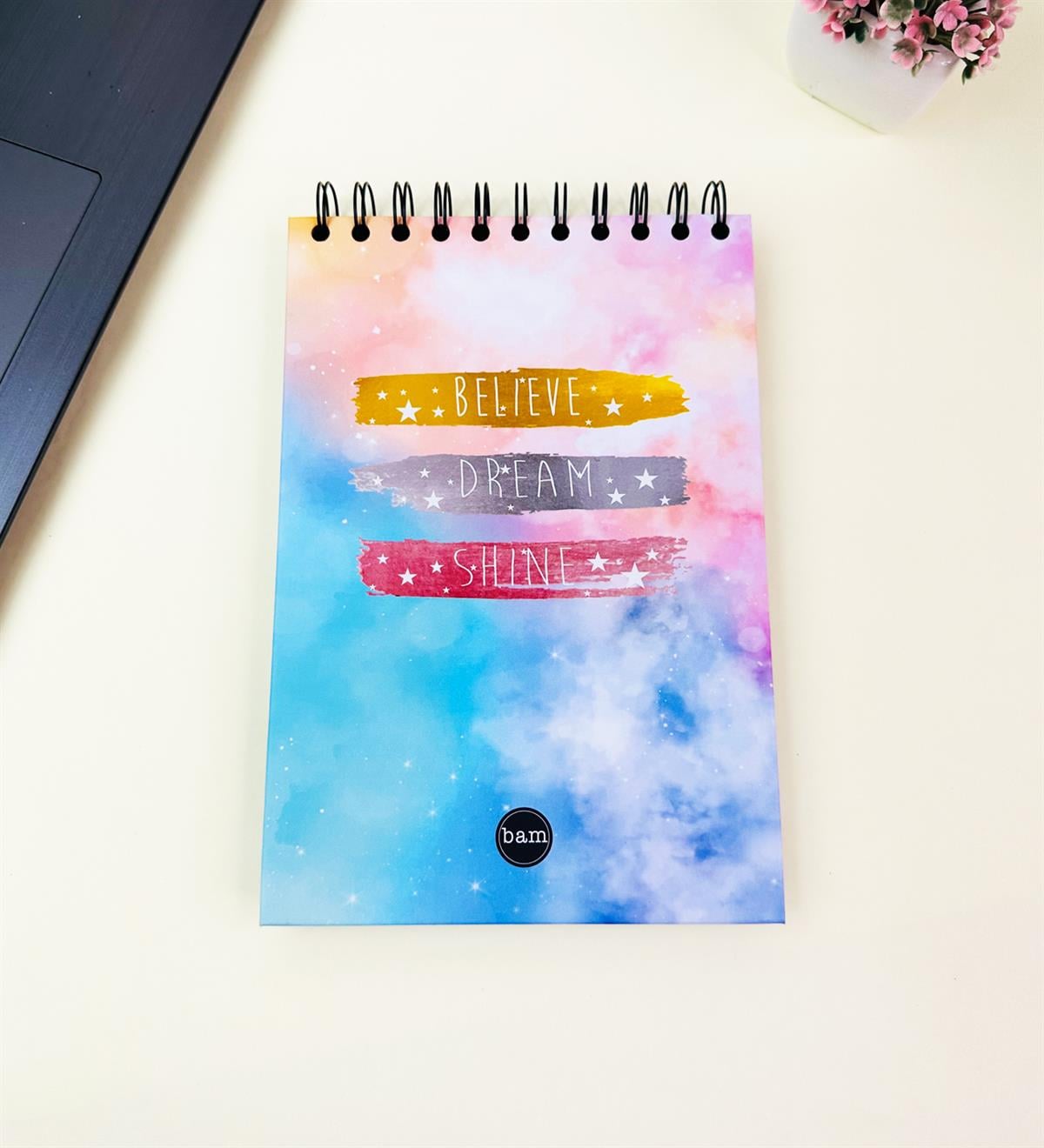 21x14Cm Üstten Spiralli Sketch Book - Eskiz Defteri - Siyah Sayfa - 260 Gr - 56 YaprakgiftmodaBam-3000-7-Believe-Dream-Shine