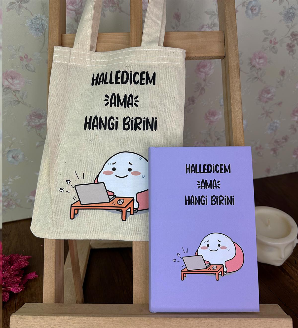 Halledicem Ama Hangi Birini  Kalın Kitap Görünümlü Defter Ve Bez Çanta SetgiftmodaGmhs101820