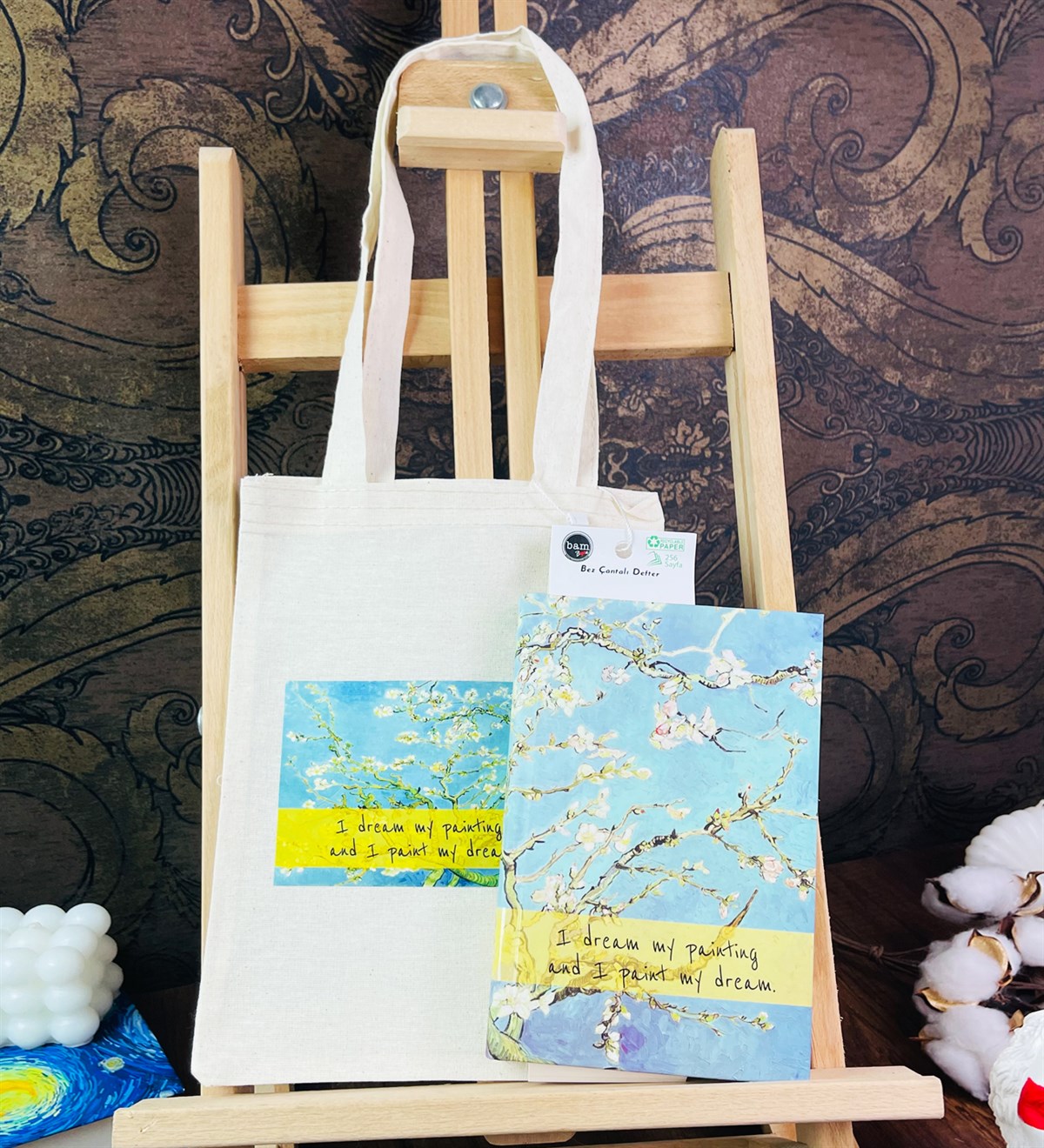 Badem Çiçeği Tasarımlı Kalın Kitap Görünümlü Defter Ve Bez Çanta SetgiftmodaGmhs101808	