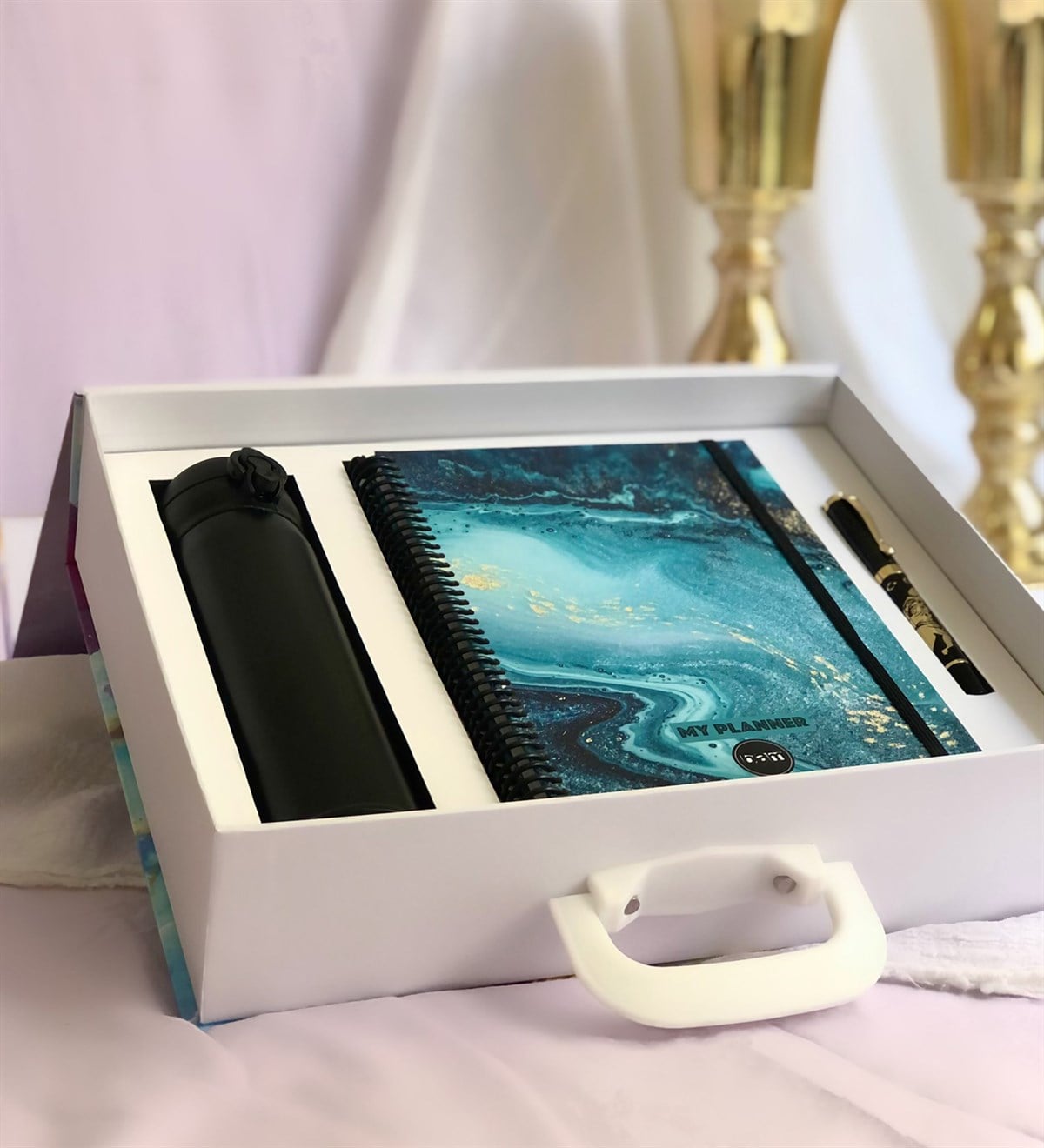 Ebruli Tasarımlı Özel Kutulu Hediye SetiGiftmoda Ebruli-Celik-MKA