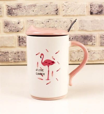 Flamingo Kapaklı Kaşık Detaylı Kupa Bardak