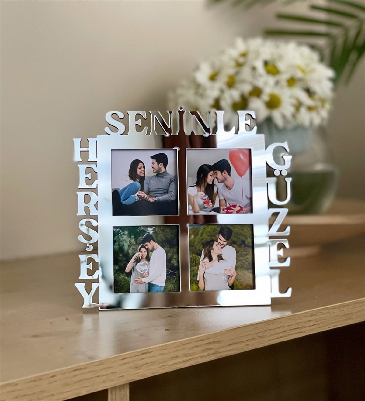 Kişiye Özel 4 Fotoğraflı Herşey Seninle Güzel Mdf Çerçeve GümüşGiftmodaGmfc100014