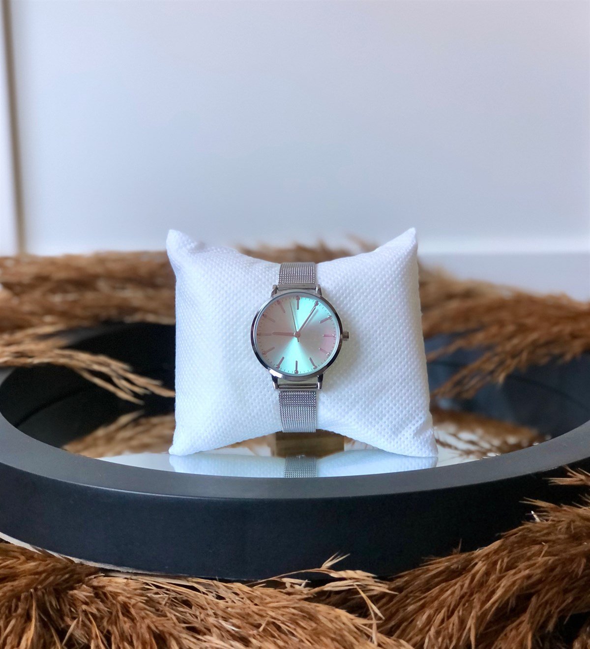 Gri Hasır Kordonlu Beyaz  SaatGiftmodaGri-Hasır-Beyaz-İç-Saat