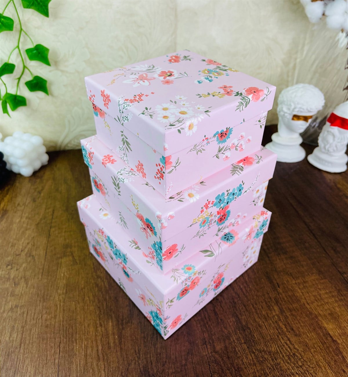 Pembe Çiçek Tasarımlı 3'lü KutugiftmodaGmhk10052