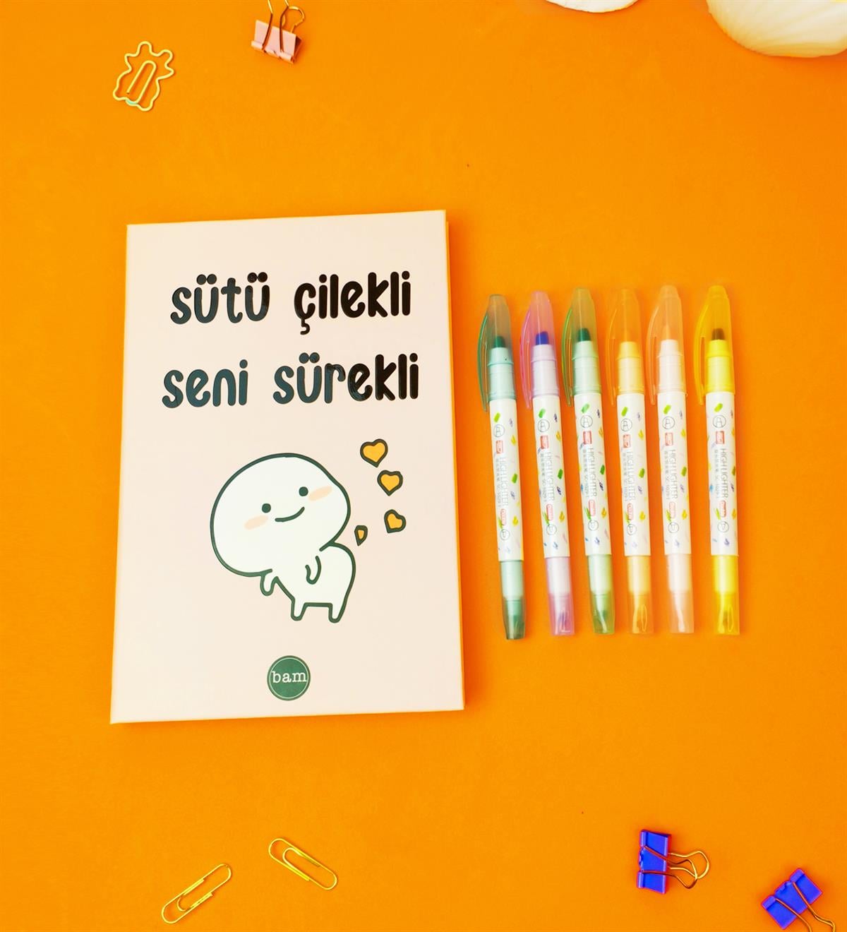 Sütü Çilekli Defter Çift Taraflı Soft Renkli Keçeli Kalem Setgiftmoda Gmhs101832