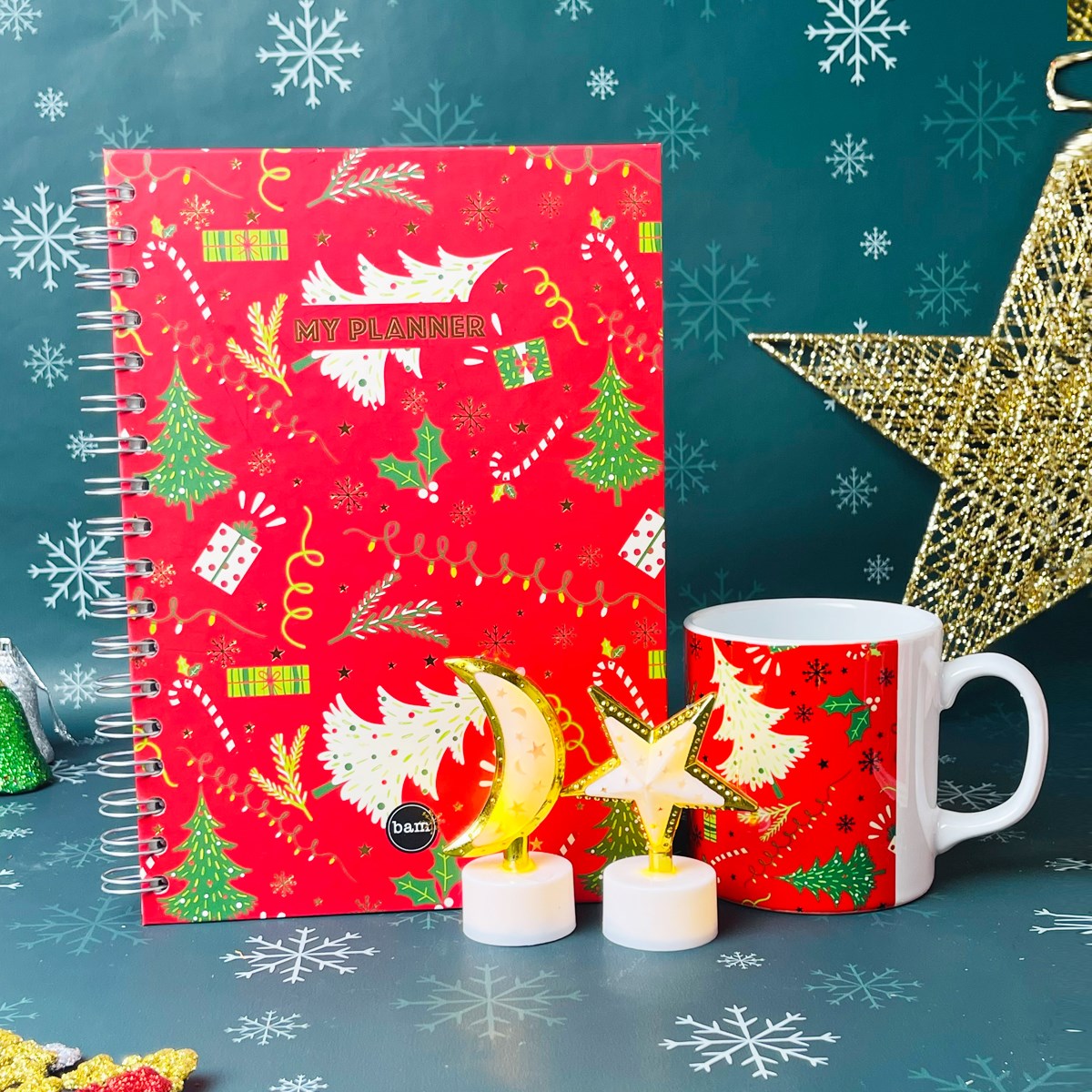 Kırmızı Noel Tasarımlı Konuşan Ajanda Kupa Ve Ayyıldız Lamba Set giftmodaGmhs101262