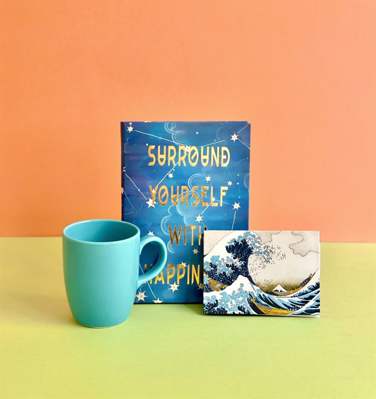 Dalga Tasarımlı Mini Albüm Mavi Bulut Kupa Ve Surround Yourself Tasarımlı Defter SetgiftmodaGmhs100958
