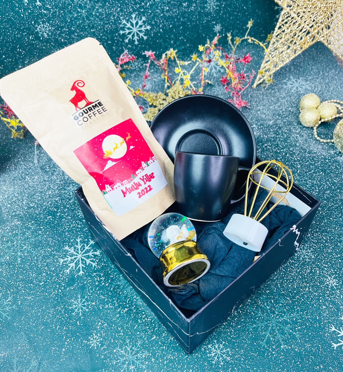 Siyah Türk Kahvesi Fincanı Türk Kahvesi Mni Balon Lamba Ve Altınyaldızlı Melek Kar Küresi SetgiftmodaGmhs101307