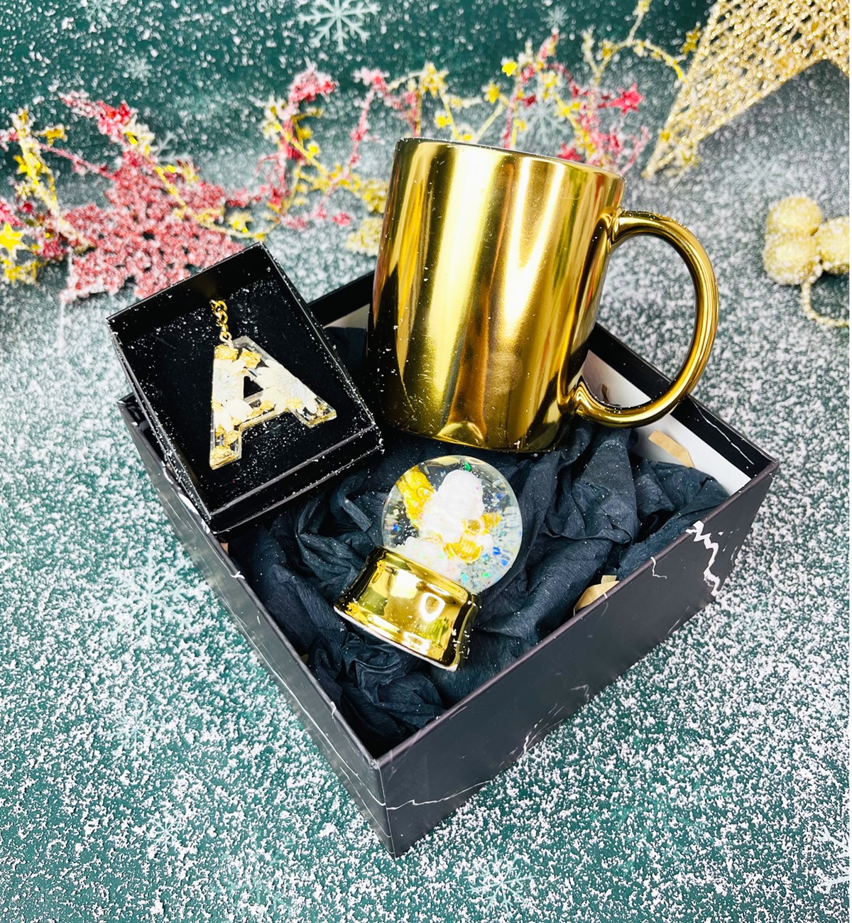 Altınyaldızlı Melek Kar Küresi Gold Kupa Ve Epoksi Anahtarlık Hediye SetigiftmodaGmhs101315