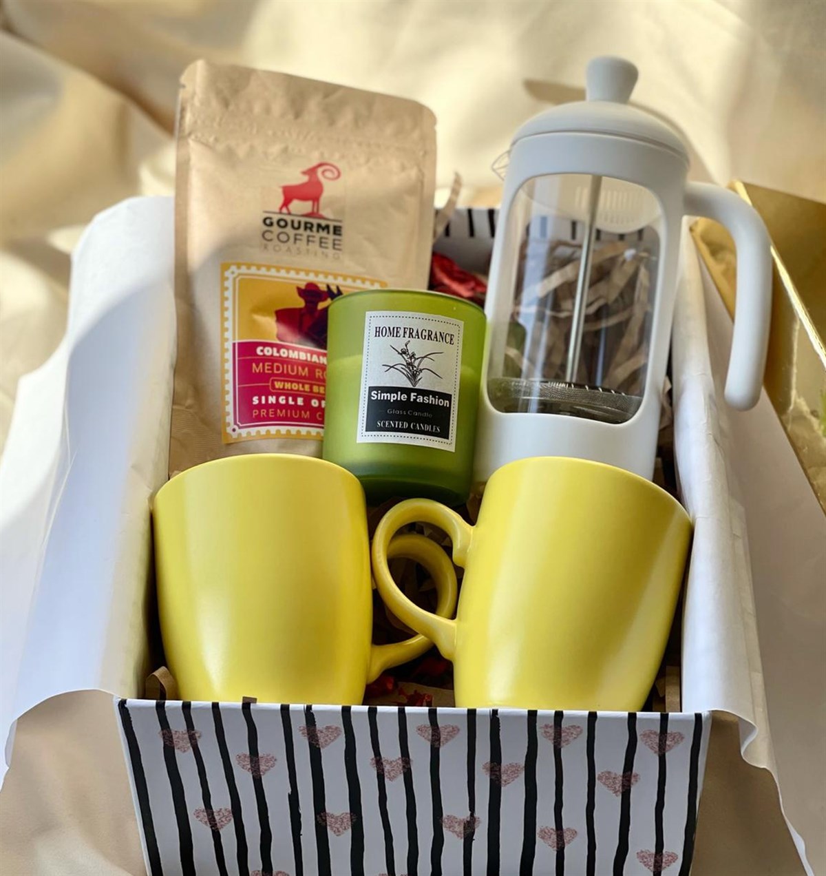 Sarı 2'li bulut Kupa French Press Filtre Kahve Ve Kokulu Mum SetgiftmodaGmhs100746