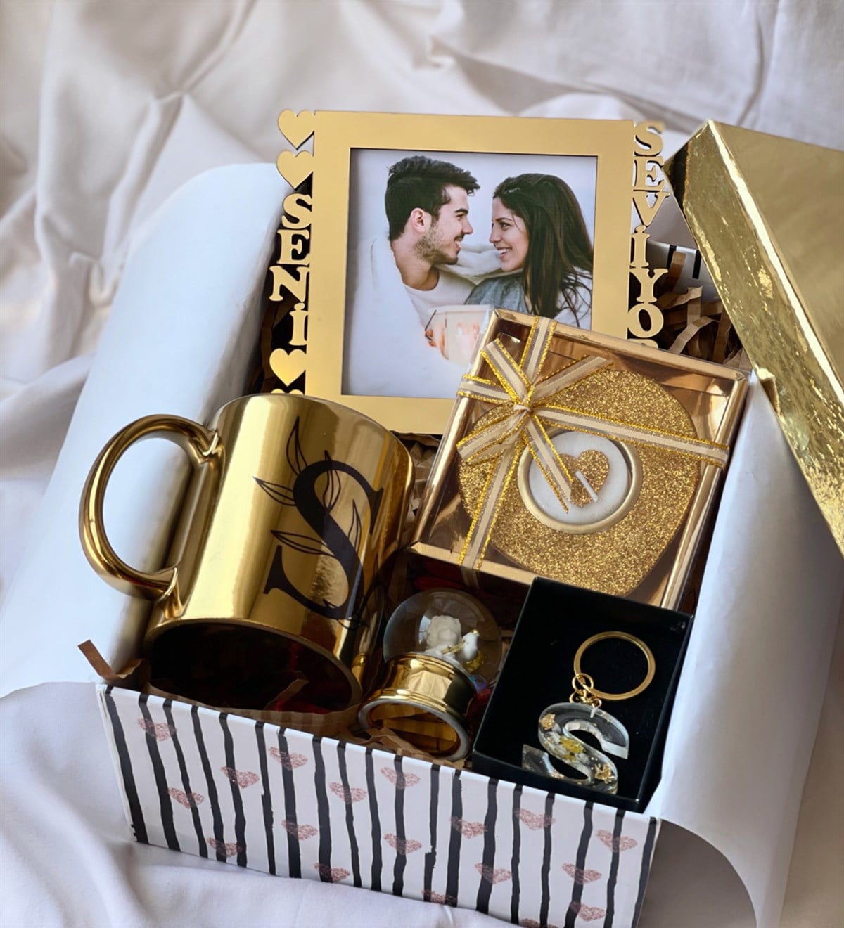 Gold Seni Seviyorum Çerçeve Kupa Melek Kar Küresi Epoksi Anahtarlık Ve Mum Hediye SetigiftmodaGmhs100616