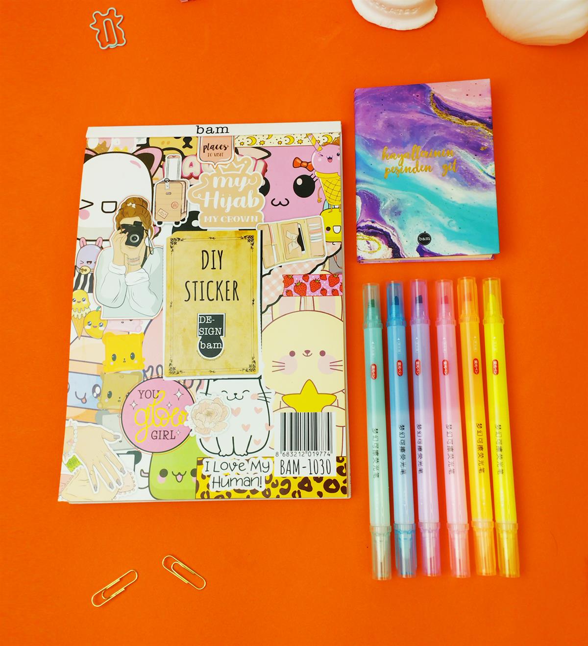 Sticker Defterli Ve Çift Taraflı Keçeli Silinebilir kalemli Kırtasiye Setigiftmoda Gmhs101896