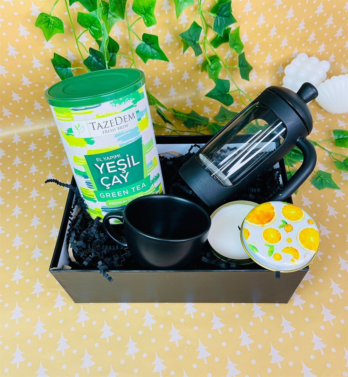 Portakal Tasarımlı Mum 6 Cm Kupa French Press Ve İlk Hasat Premium Yeşil Çay SetgiftmodaGmhs101366