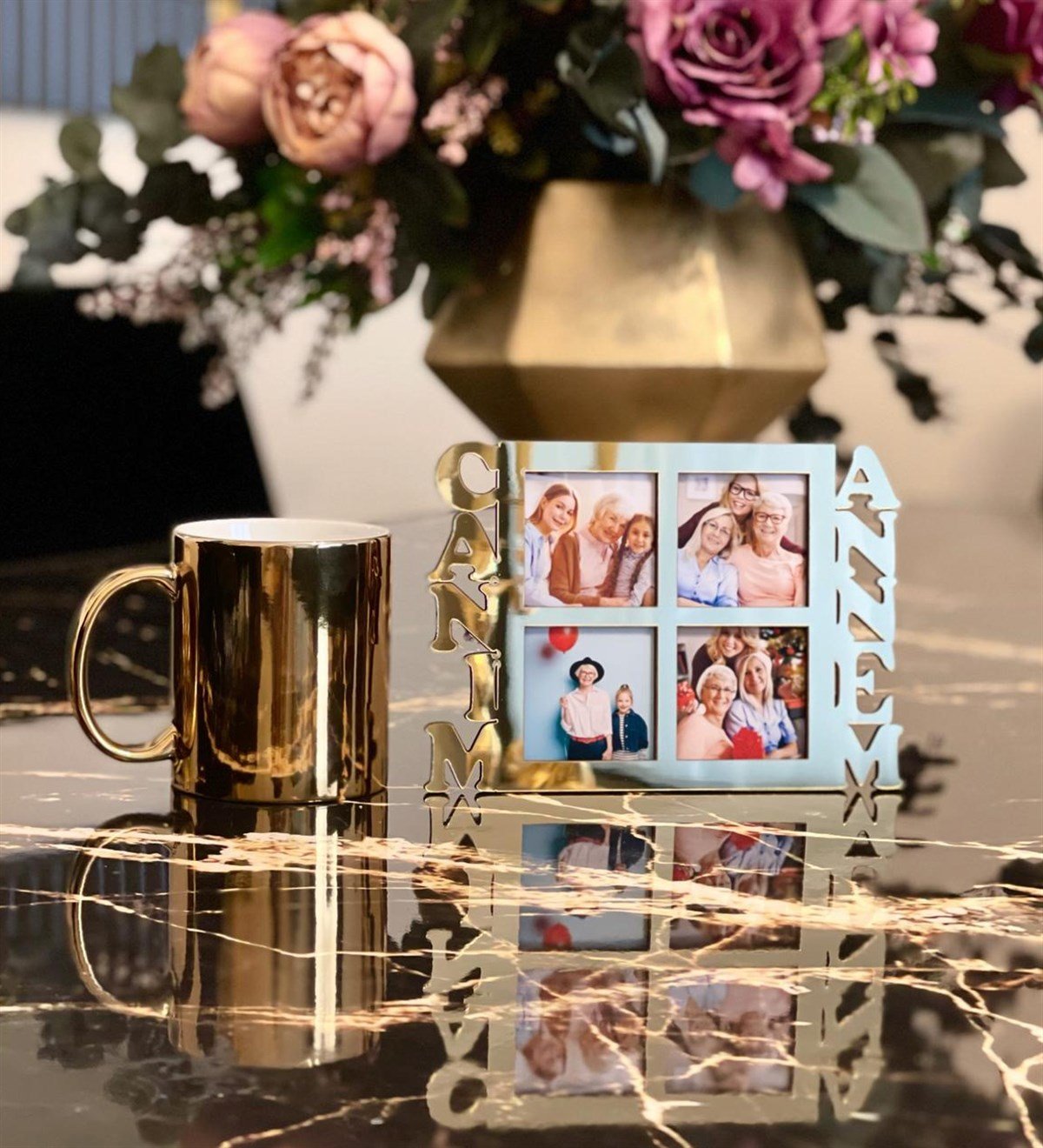 Canım Annem 4 Fotoğraf Standlı Mdf Gold Çerçeve Ve Gold Kupa SetGiftmodaGmhs100509-Gmfc100029 