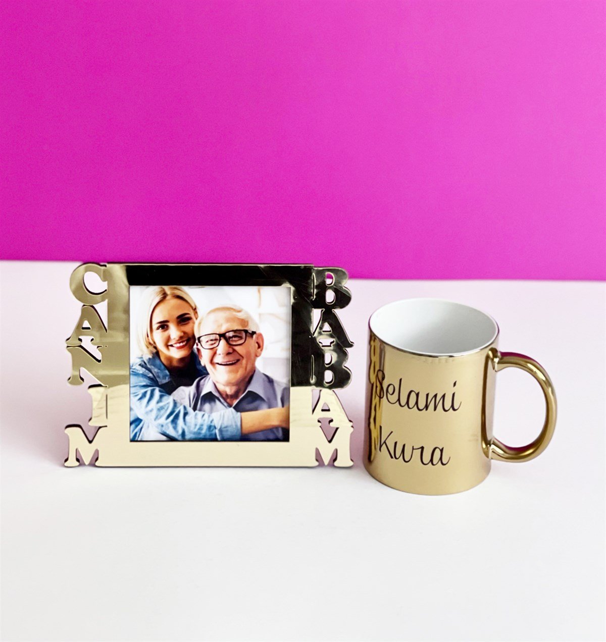 Kişiye Özel Fotoğraflı Canım Babam Standlı Mdf Gold Çerçeve Ve Gold Kupa SetgiftmodaGmhs1000836-Gmfc100095-Gmkp100155 