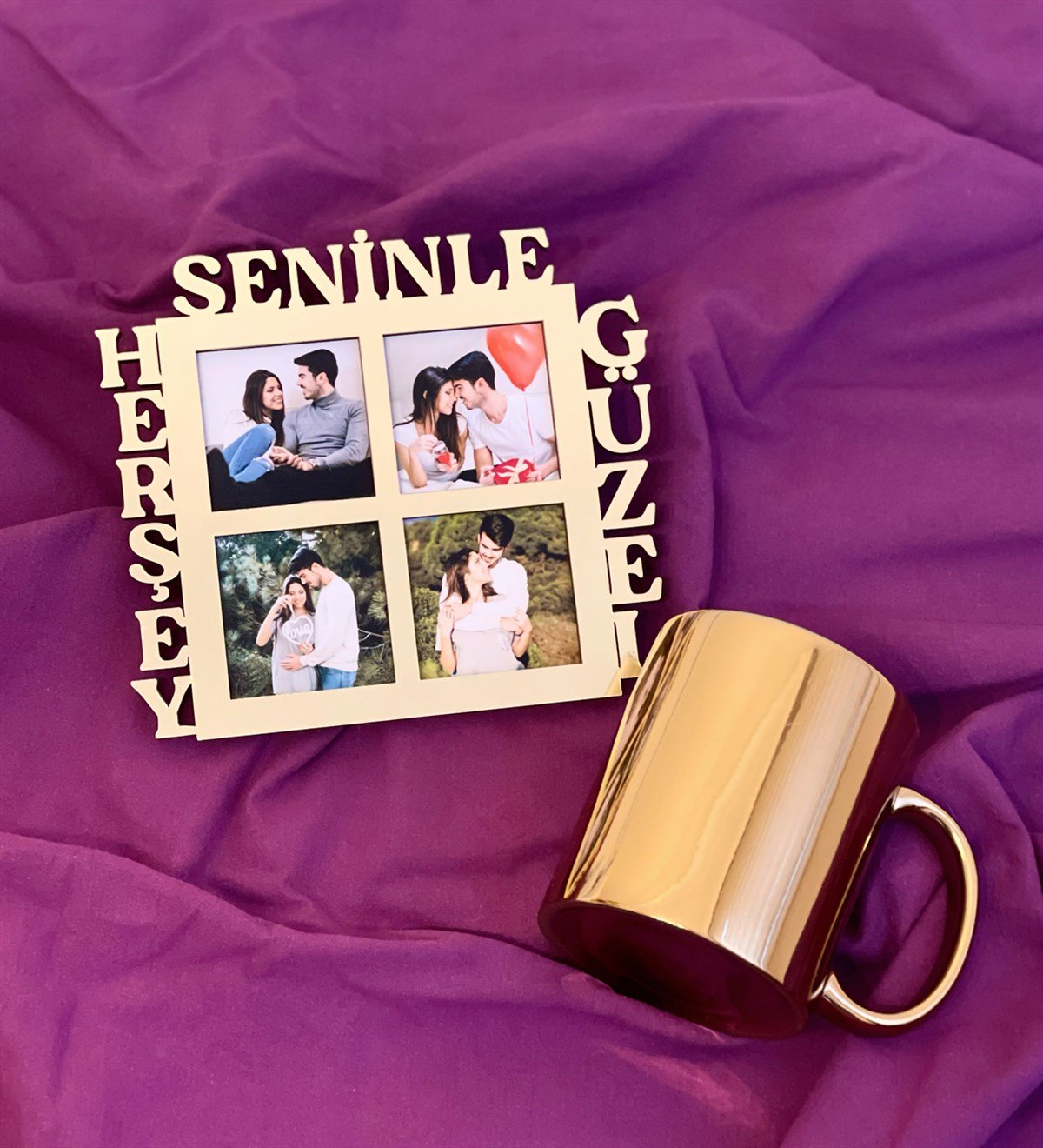 Herşey Seninle Güzel 4 Fotoğraf Standlı Mdf Gold Çerçeve Ve Gold Kupa SetgiftmodaGmhs100553-Gmfc100010-Gmkp100158