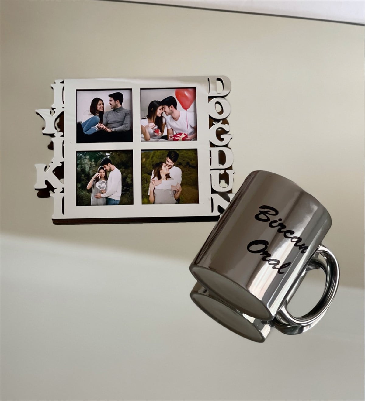 Kişiye Özel 4 Fotoğraflı İyiki Doğdun Mdf Çerçeve Gümüş  Ve Gümüş Kupa SetgiftmodaGmhs100530-Gmfc100012-Gmkp100155
