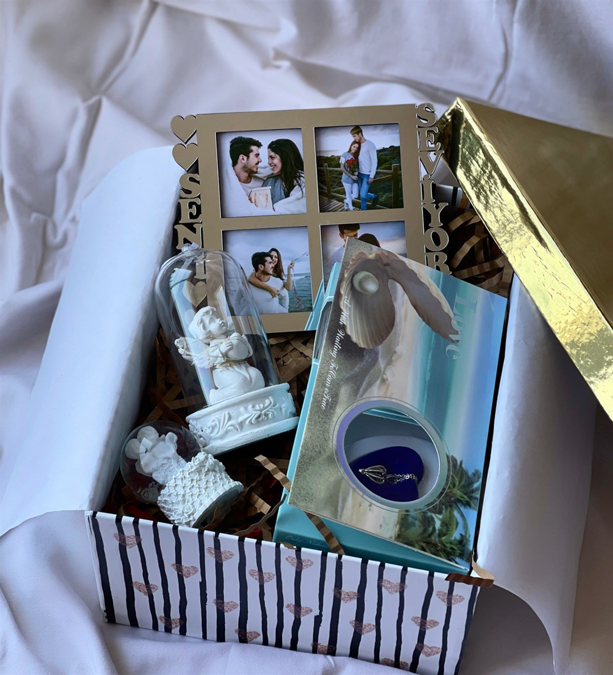 Gümüş Seni Seviyorum Çerçeve İnci Kolye Işıklı Melek Biblo Ve Mini Melek Kar Küresi Hediye SetigiftmodaGmhs100630