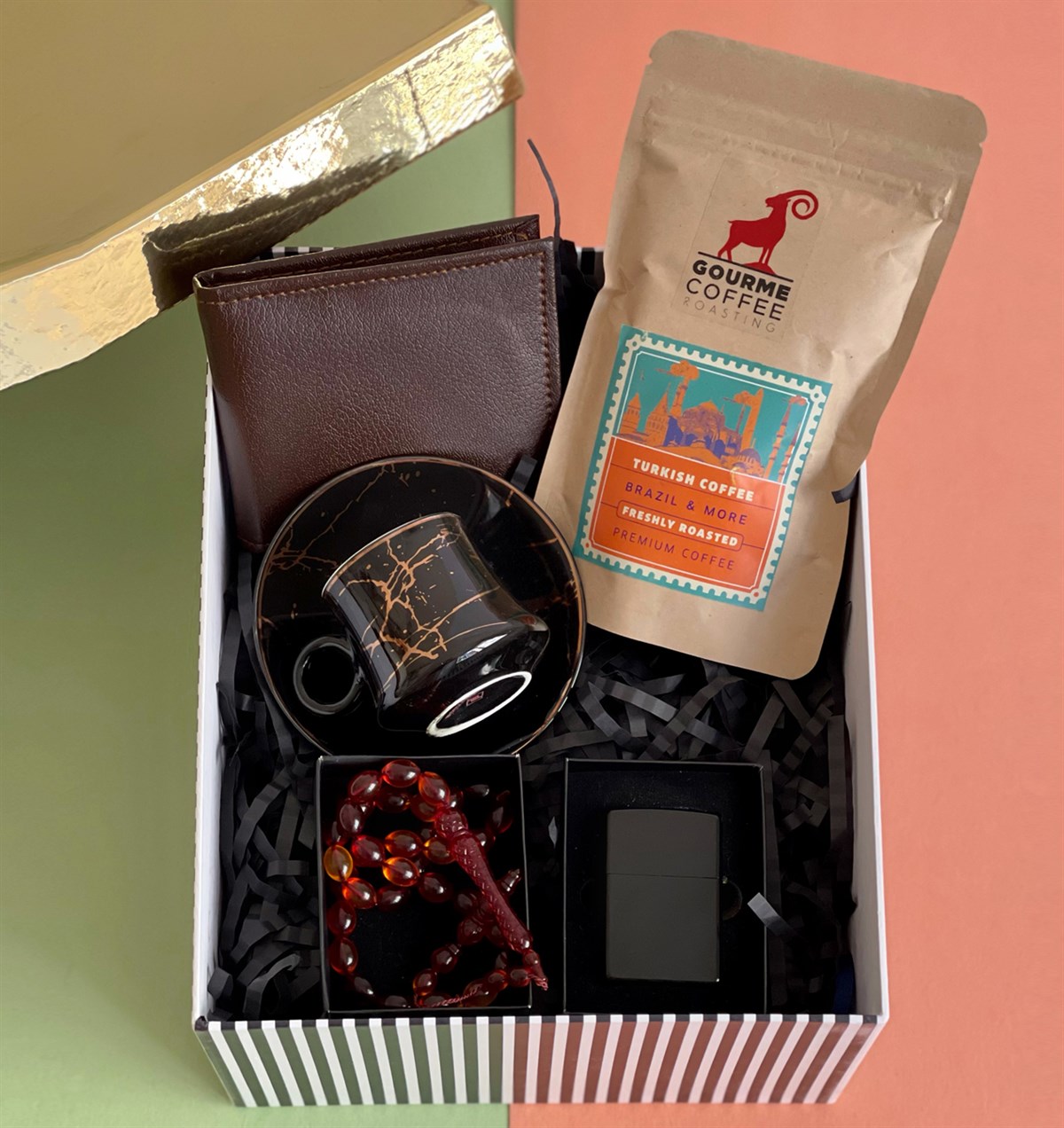 Premium Türk Kahvesi Kahve Fincanı Benzinli Çakmak Cüzdan Ve Ateş Rengi Tesbih Babalara Özel SetgiftmodaGmhs1007826