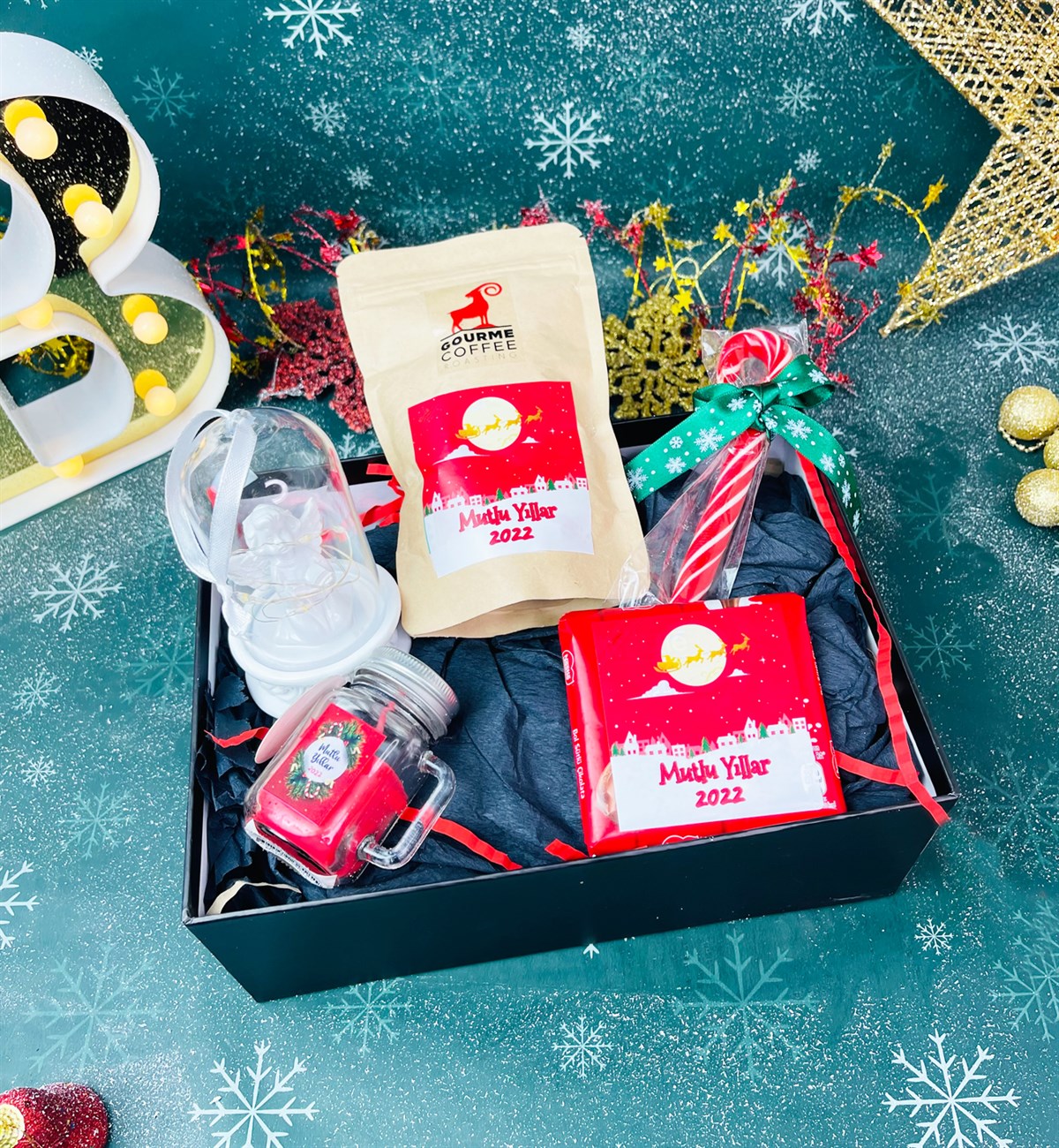 Işıklı Melek Biblo Sıcak Çikolata Baston Şeker Çikolata Ve Kokulu Mum Yılbaşı Hediye SetigiftmodaGmhs101326