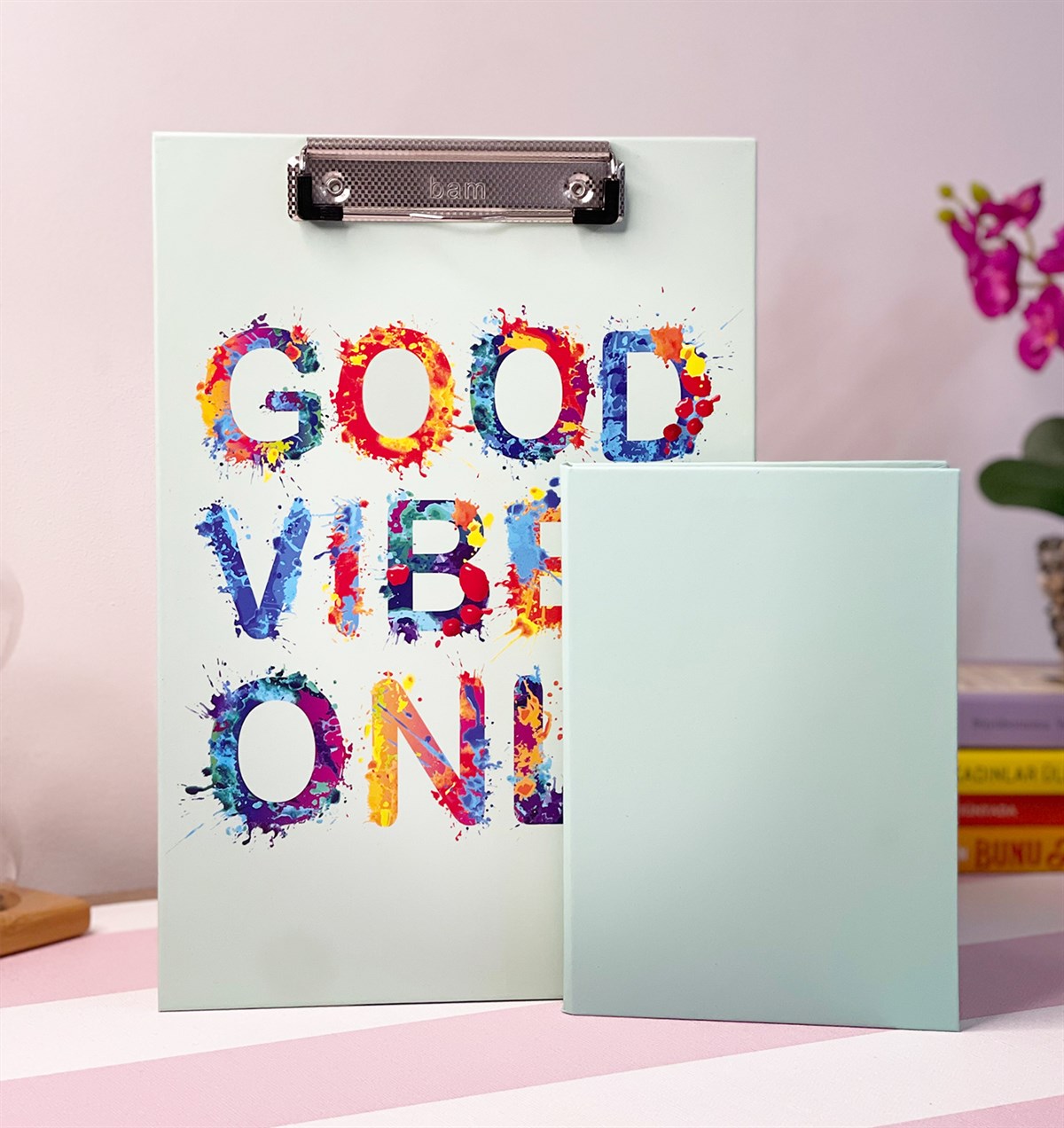 Good Vibes Tasarımlı Sekreterlik Ve Su Yeşili Lastikli Defter SetgiftmodaGmhs101189