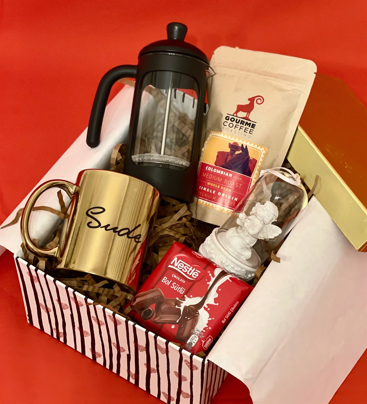 Kişiye Özel Işıklı Melek Biblo French Press & Filtre Kahve  Gold Kadınlara Özel Hediye SetiGiftmodaGmhs100412