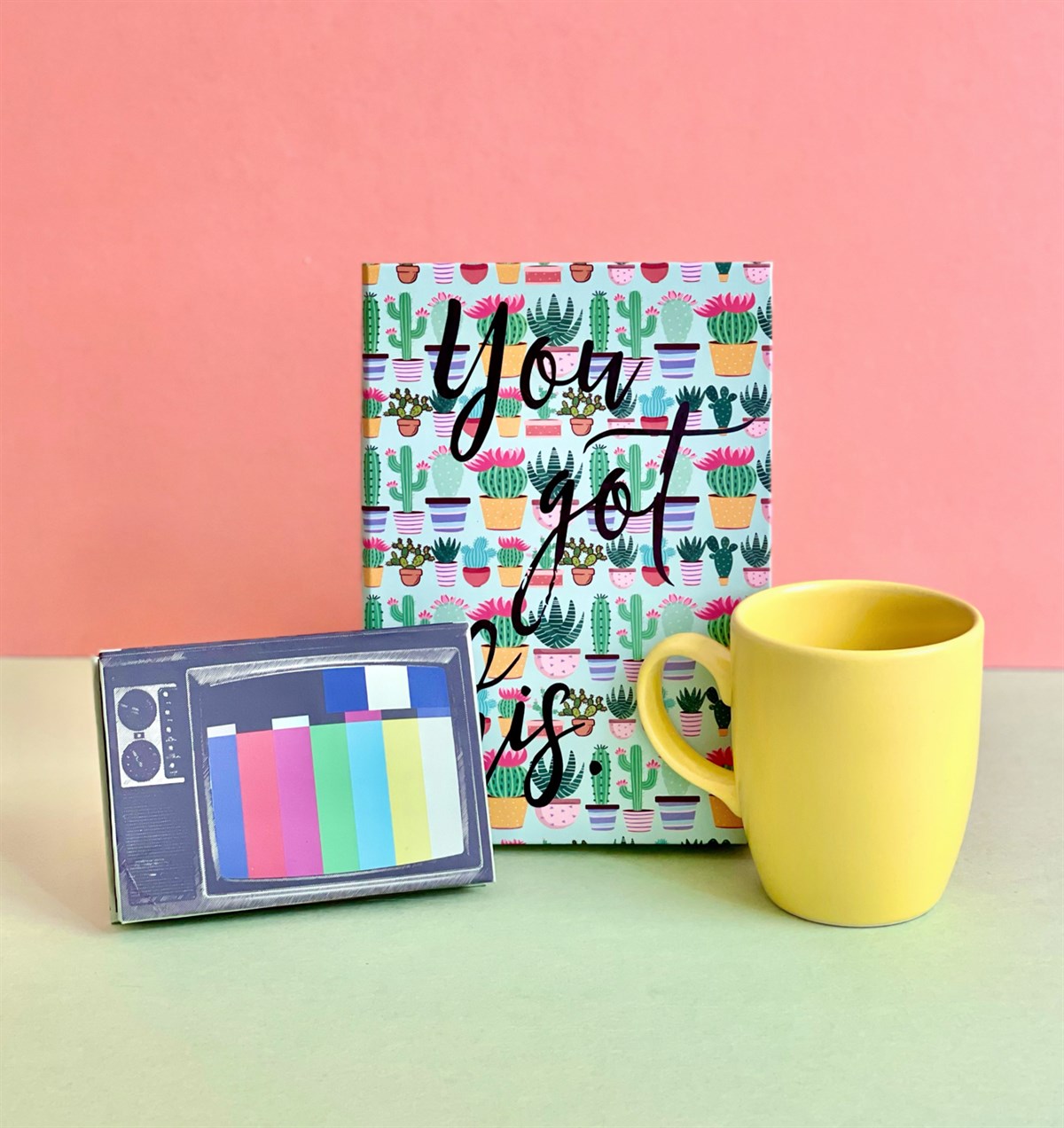 Nostaljik Tv Tasarımlı Mini Albüm Sarı Bulut Kupa Ve Kaktüs Motto Tasarımlı Defter SetgiftmodaGmhs100956