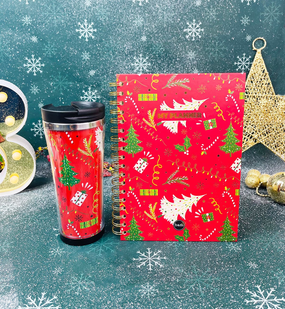 Kırmızı Yeni Yıl Tasarımlı Konuşan Ajanda Ve 400 Ml Termos Mug Bardak Yılbaşı Hediye SetigiftmodaGmhs101334