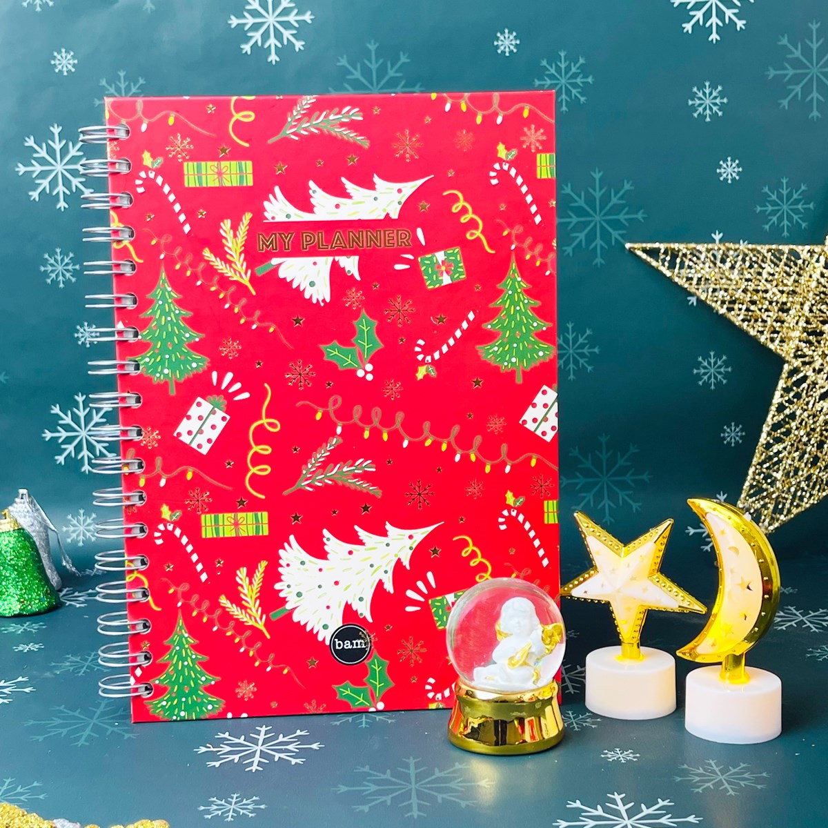 Kırmızı Noel Tasarımlı Konuşan Ajanda Ayyıldız Lamba Kupa Ve Altınyaldzlı Melek Mini Kar KüresigiftmodaGmhs101263