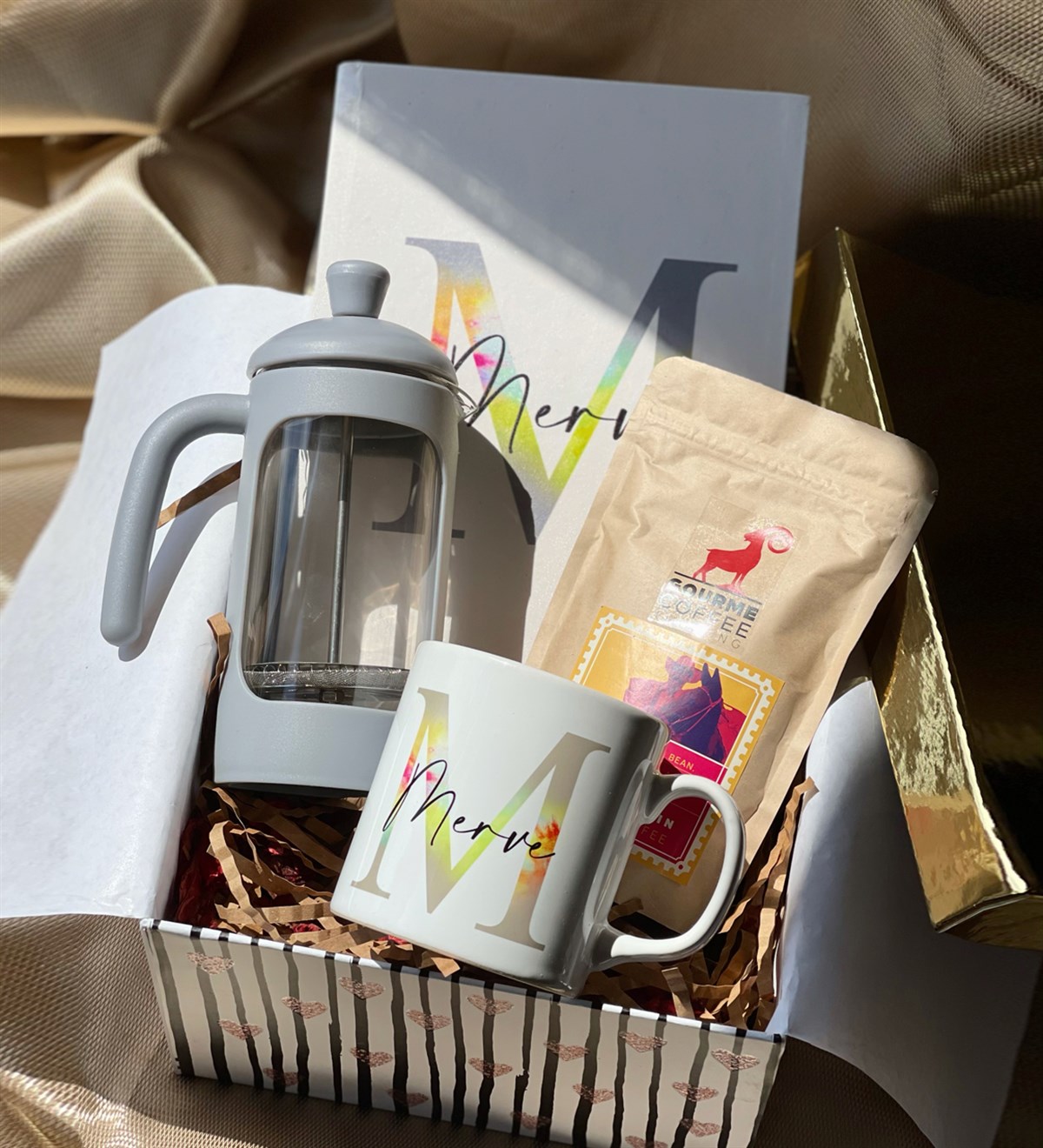 Kişiye Özel Harfli Ajanda Kupa French Press Ve Filtre Kahve Hediye SetigiftmodaGmhs100635