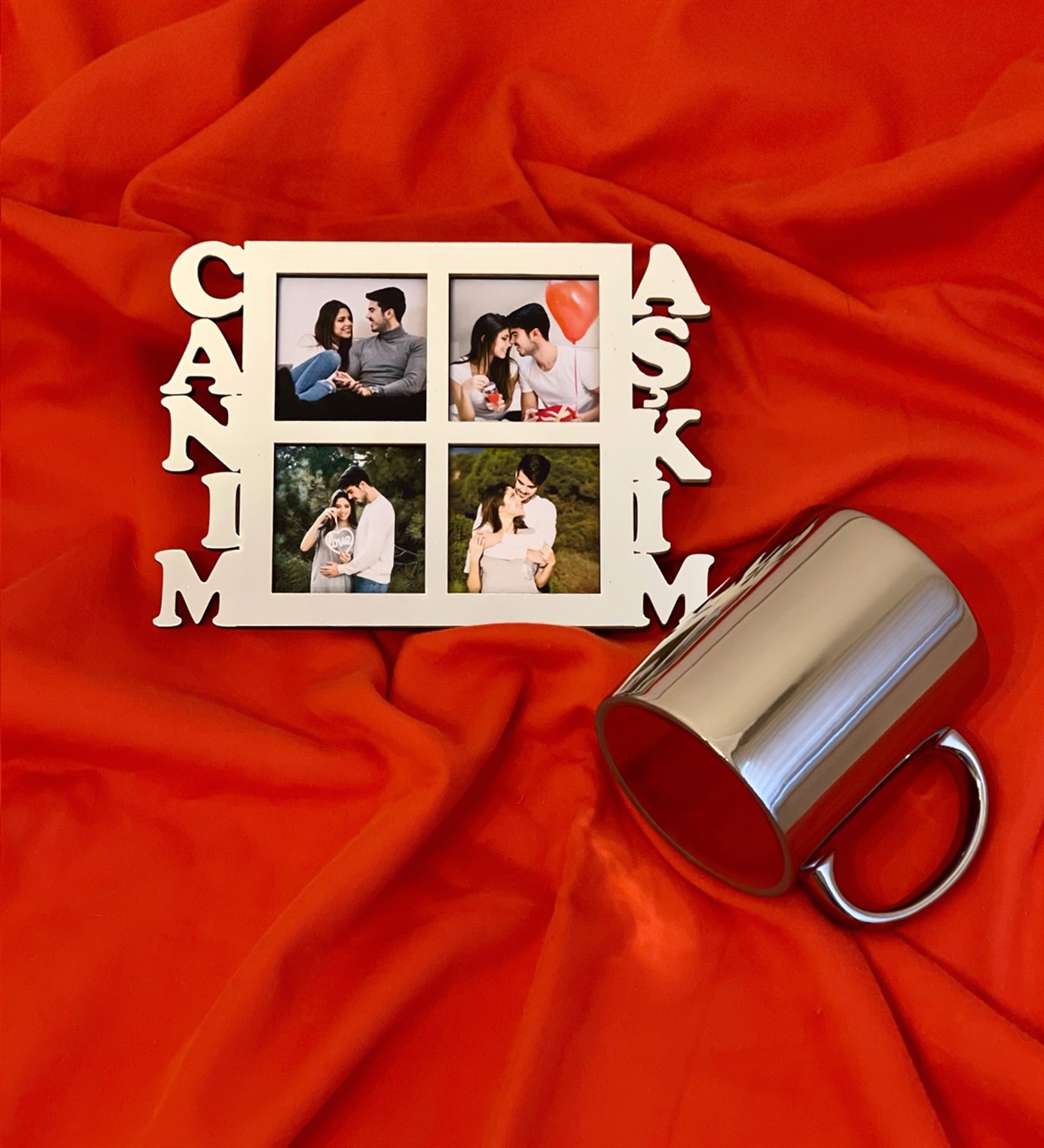 Canım Aşkım 4 Fotoğraf Standlı Mdf Gümüş Çerçeve Ve Gümüş Kupa SetgiftmodaGmhs100550-Gmfc100039-Gmkp100157