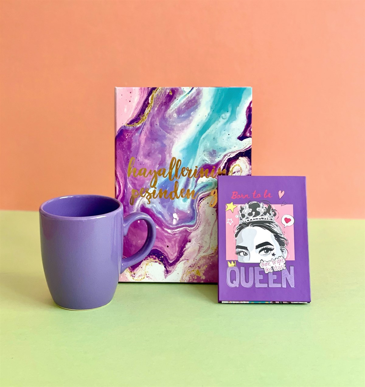 Pink Queen Tasarımlı Mini Albüm Mor Bulut Kupa Ve Hayallerinin Peşinden Git Tasarımlı Defter SetgiftmodaGmhs100955