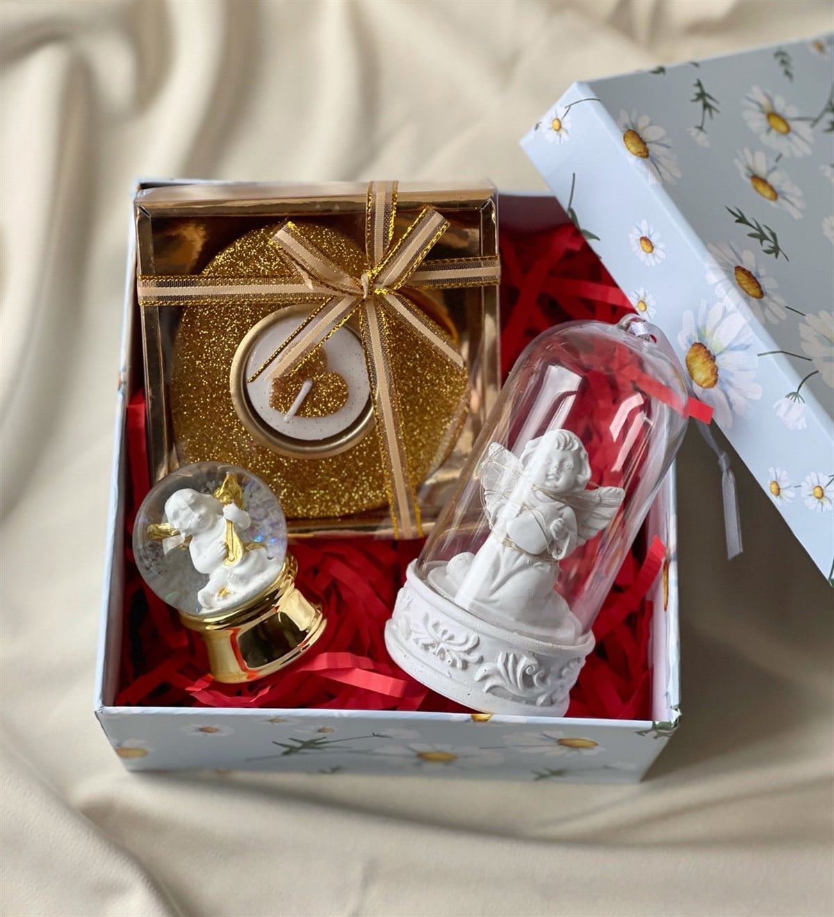 Özel Kutulu Işıklı Melek Biblo Mum Ve Altınyaldızlı Mini Kar Küresi Hediye SetigiftmodaGmhs100654