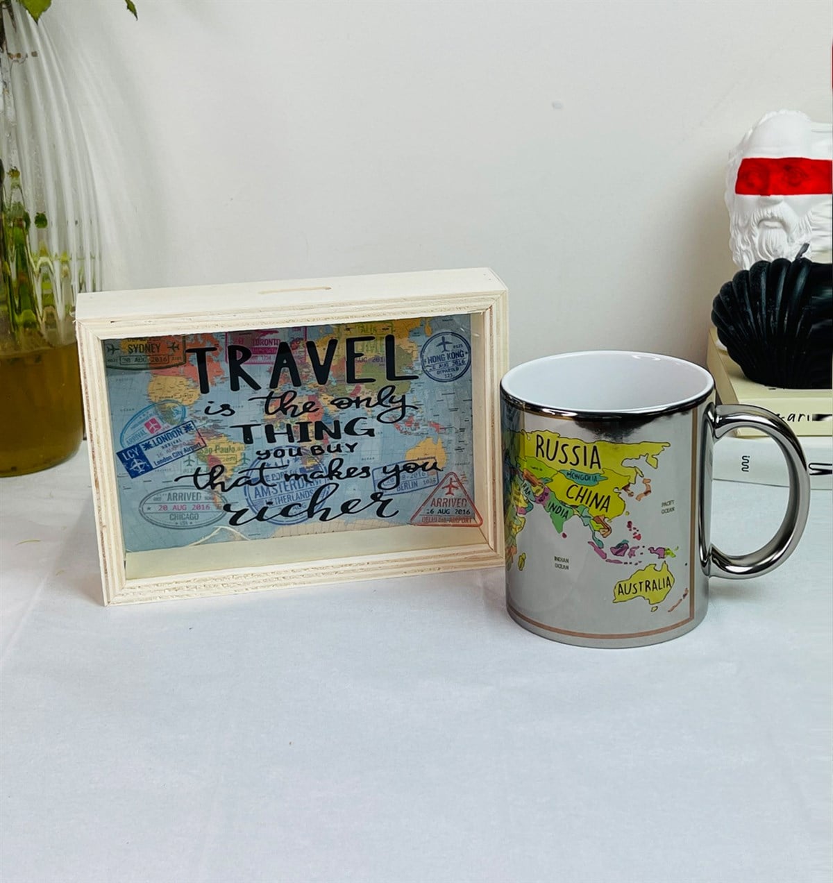 Travel Journal Tasarımlı Ahşap Kumbara Ve Dünya Haritası Gümüş Kupa SetgiftmodaGmhs101228