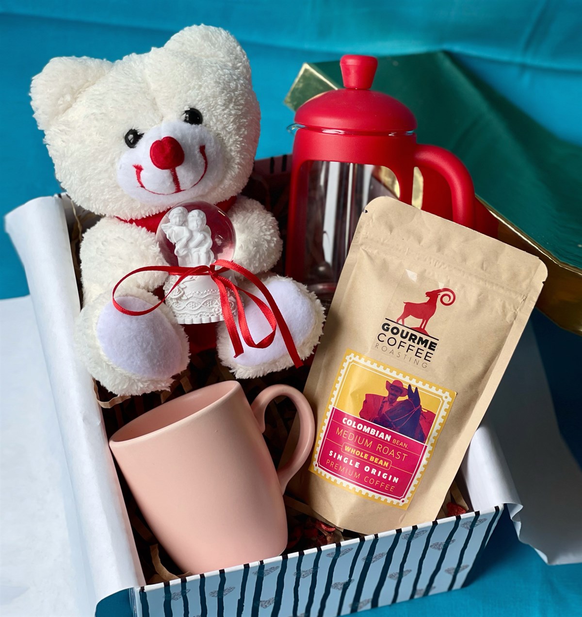 Beyaz Peluş Ayıcık Pembe Mor Kupa French Press Filtre Kahve Ve Mini Melek Kar KüresigiftmodaGmhs100769