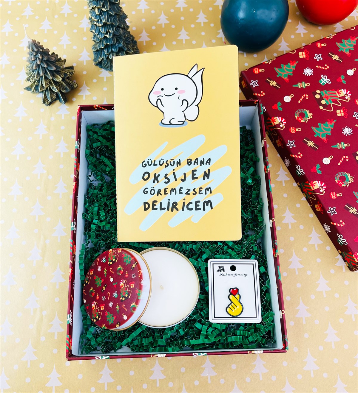 Gülüşün Bana Oksijen Mumlu Kırmızı Yılbaşı Hediye SetigiftmodaGmhs101848