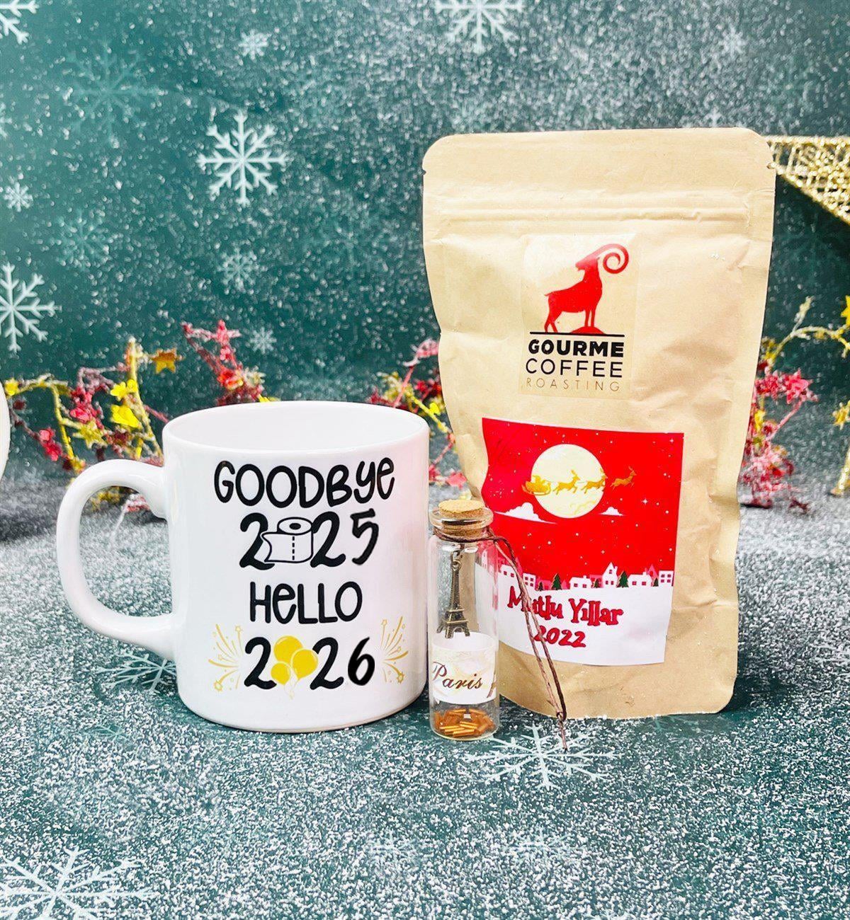 Güle Güle 2024 Merhaba 2025 Yılbaşı Tasarımlı Kupa Filtre Kahve Ve Dilek Şişesi Yılbaşı SetigiftmodaGmhs101295