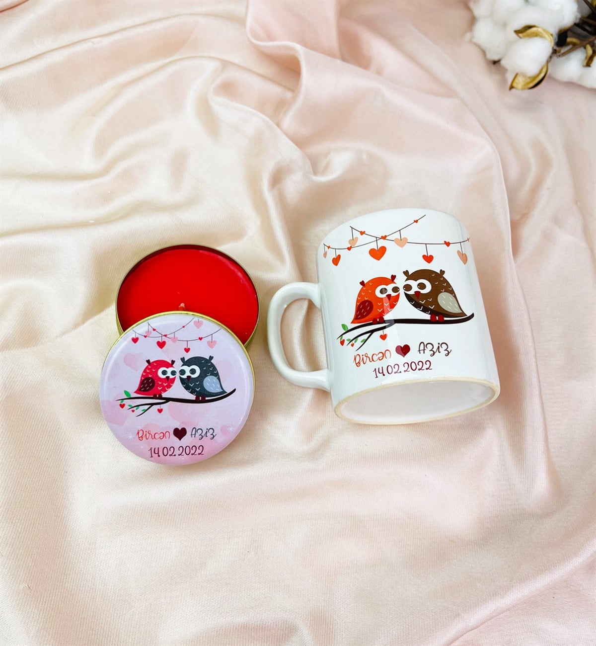 Kişiye Özel Sevgili Baykuşlar Kokulu Teneke Mum Ve Kupa SetgiftmodaGmhs101535