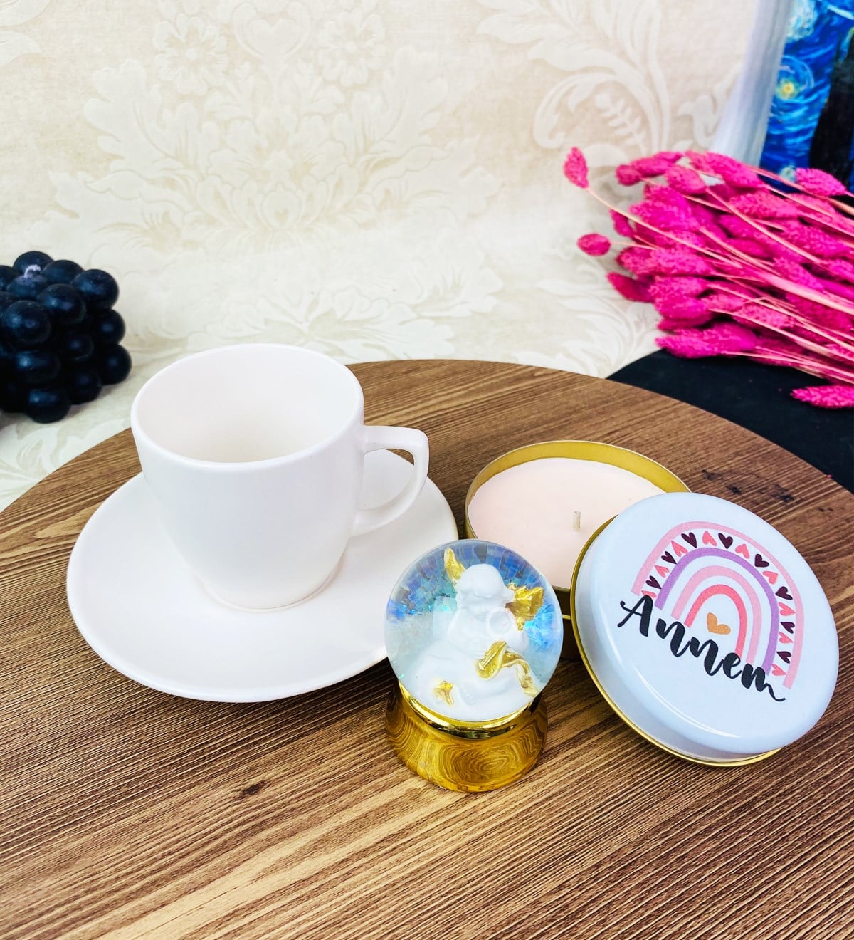 Gökkuşağı Annem Mum Türk Kahvesi Fincanı Ve Kar Küresi SetgiftmodaGmhs101671