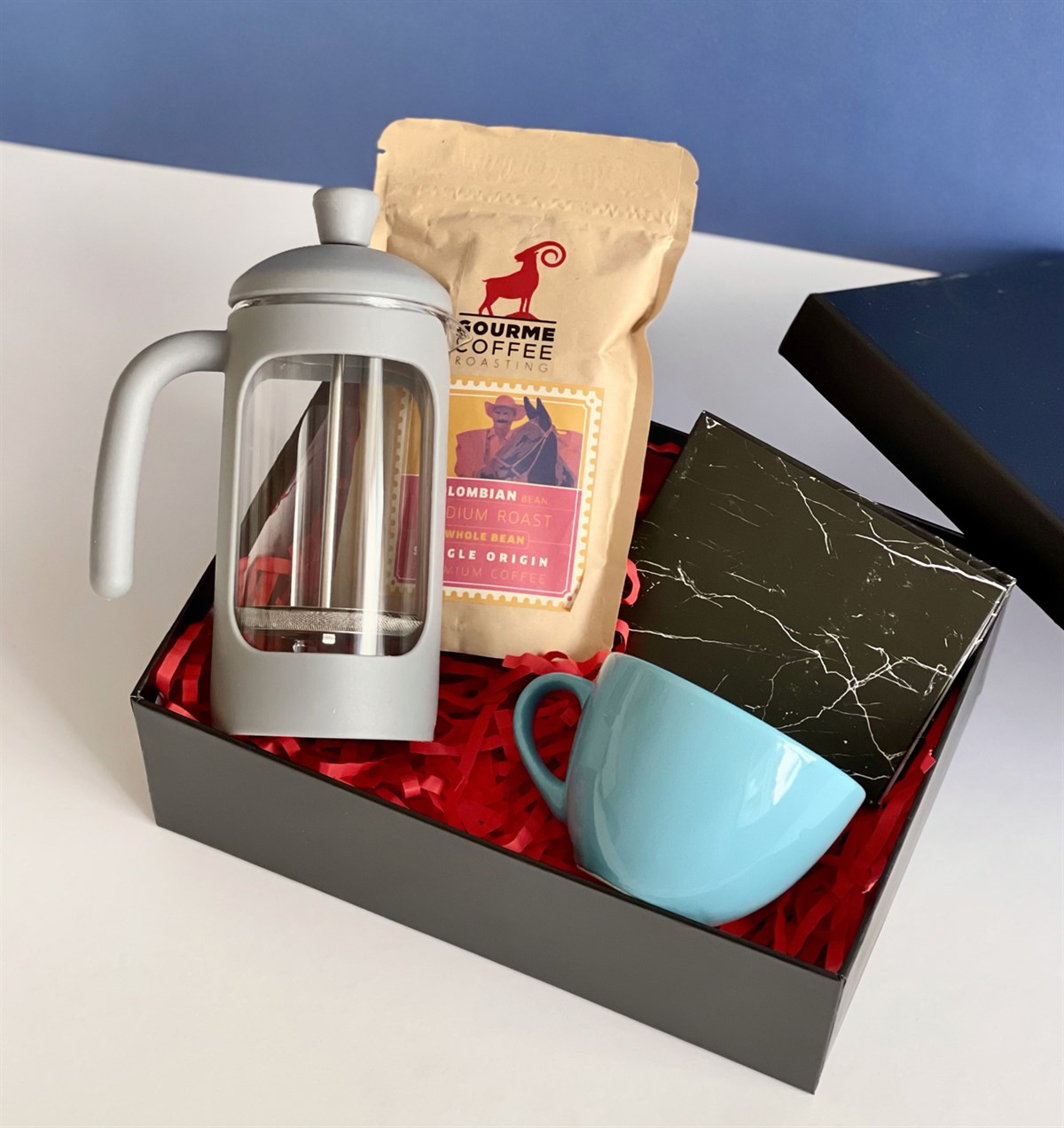 Siyah Mermer Tasarımlı Mini Albüm Mavi Çay Fincanı Filtre Kahve Ve French Press Hediye SetigiftmodaGmhs100802