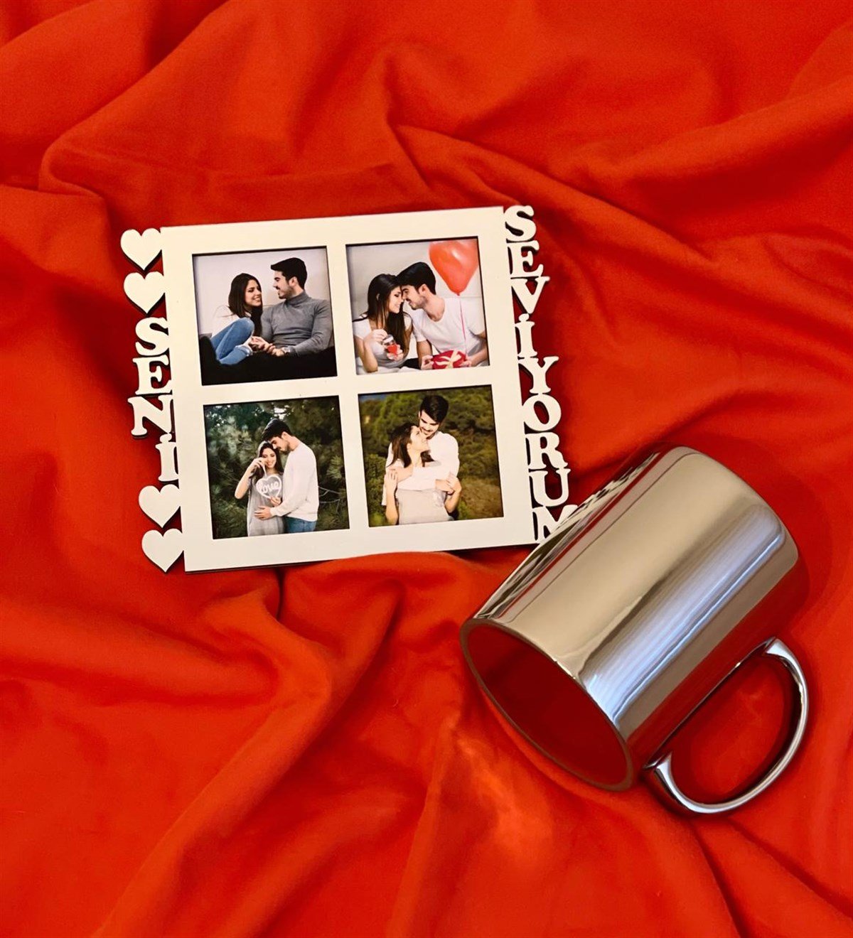 Seni Seviyorum 4 Fotoğraf Standlı Mdf Gümüş Çerçeve Ve Gümüş Kupa SetgiftmodaGmhs100555-Gmfc100013-Gmkp100157