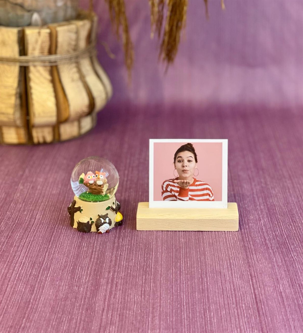 Kişiye Özel Ahşap Fotoğraf Tutucu Ve Baykuş Mini Kar Küresi SetGiftmoda Gmhs100502
