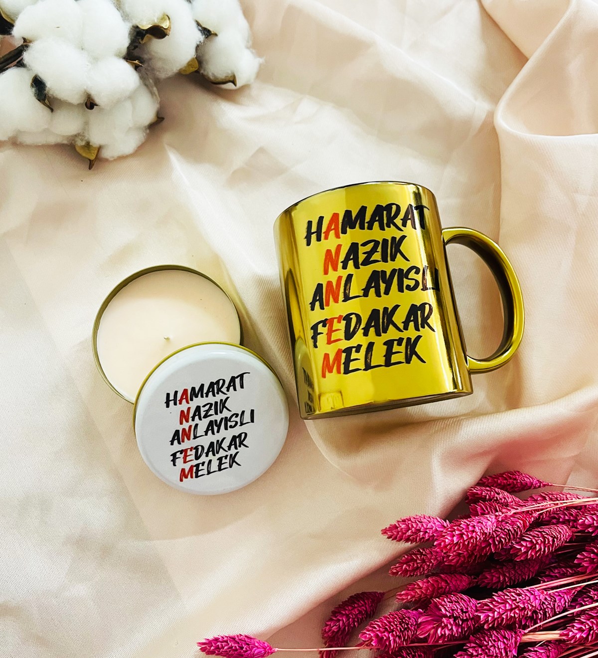 Anne Tasarımlı Kokulu Mum Ve Gold Kupa Set giftmodaGmhs101628