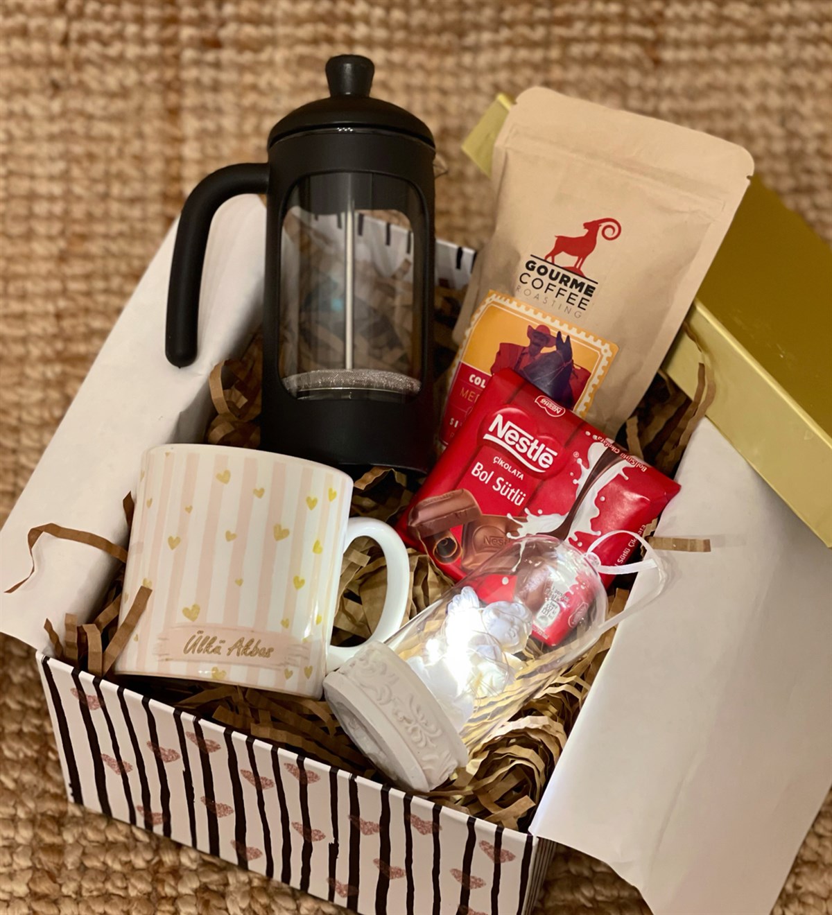 Kişiye Özel Altın Işıltılı Kalp Kupa Işıklı Melek Biblo French Press & Filtre Kahve Kadınlara Özel Hediye SetiGiftmodaGmhs100425