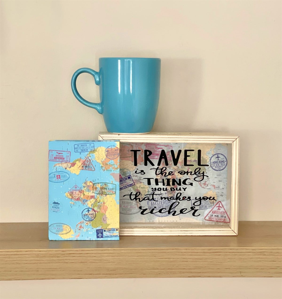 Travel Journel Tasarımlı Mini Albüm Ahşap Kumbara Ve Mavi Bulut Kupa Hediye SetiGiftmodaGmhs100829